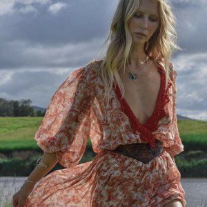 NWT Chasing Unicorns Veronica Silk Midi Dress Ochre Paisley Sz S